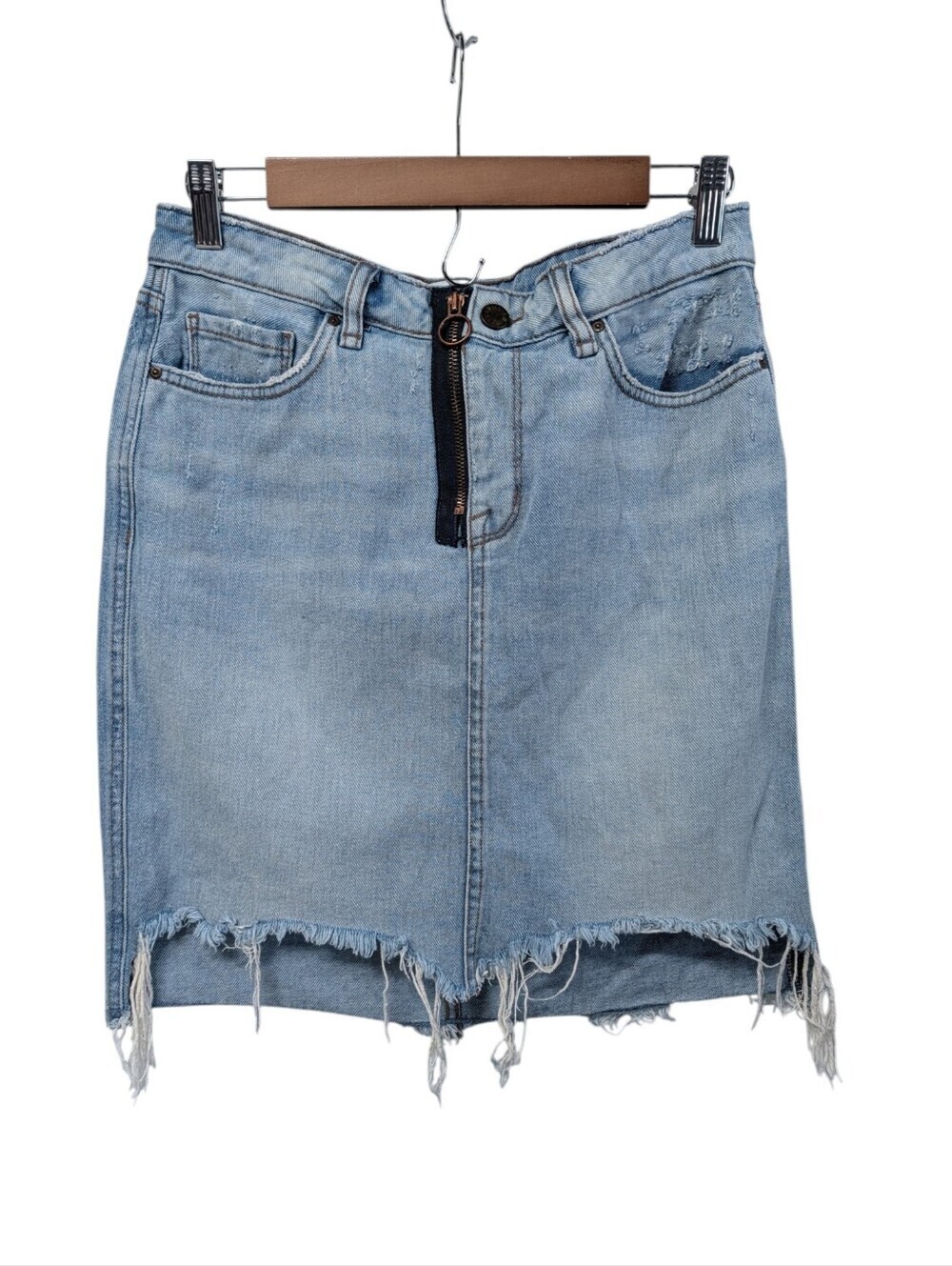 William Rast Distressed Denim Mini Skirt Ring Zip Raw Hem Blue Junior 28